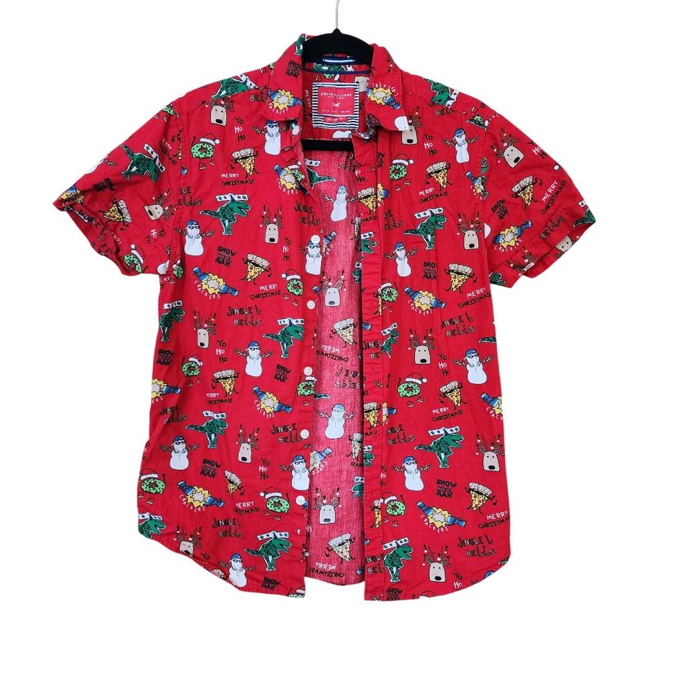 Denim & Flower Ricky Red Christmas Button Up Shirt Mens Small Winter Graphics